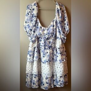 ARULA Blue and White Floral Midi Dress